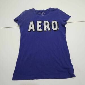 Aeropostale Womens T-Shirt Blue White Short Sleeve Crew Neck Sequin‎ Spell Out S
